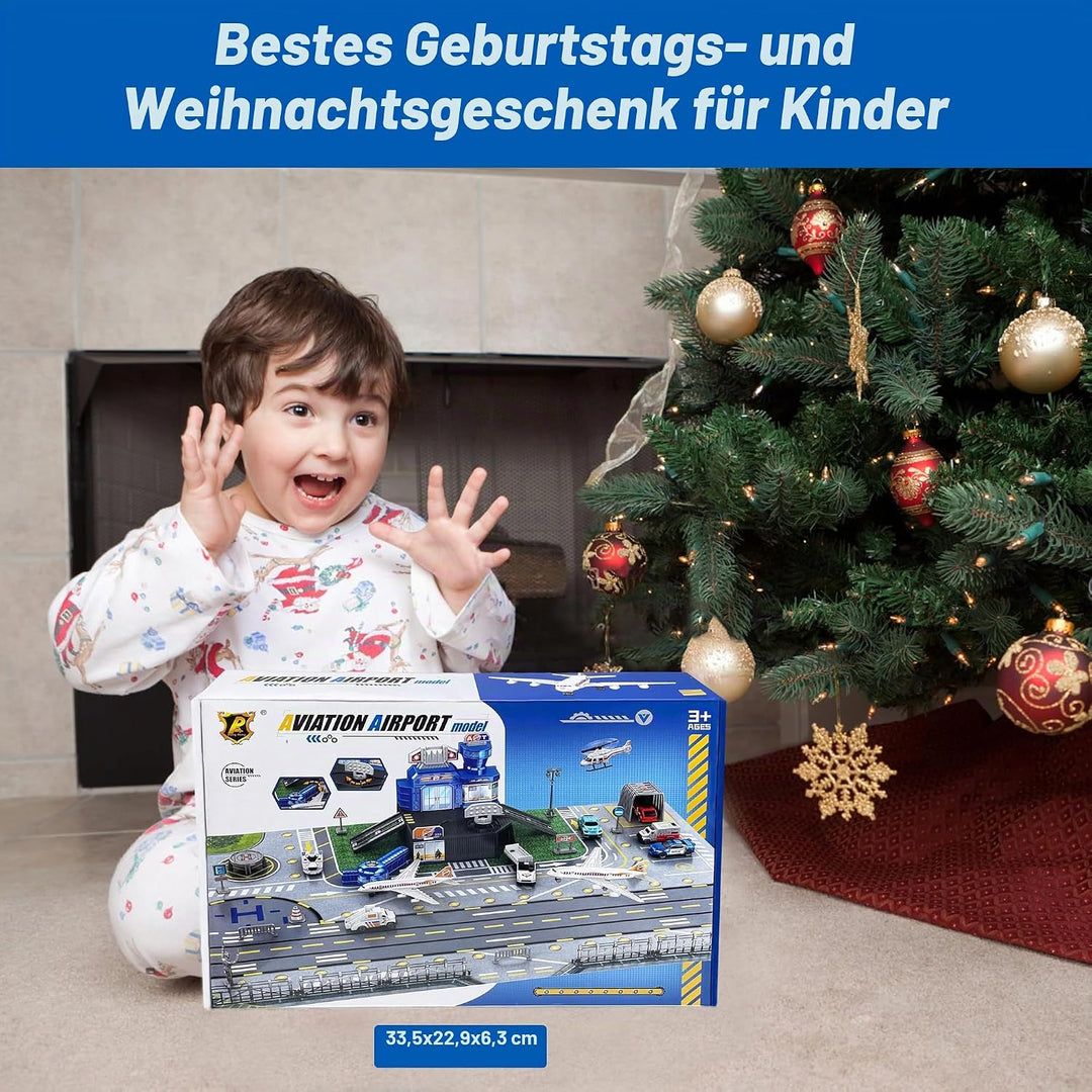 Flugzeug Spielzeug Set mit Lastwagen, Hubschrauber, Flugzeuge, Schilder und Flughafen-Spielmatte, in