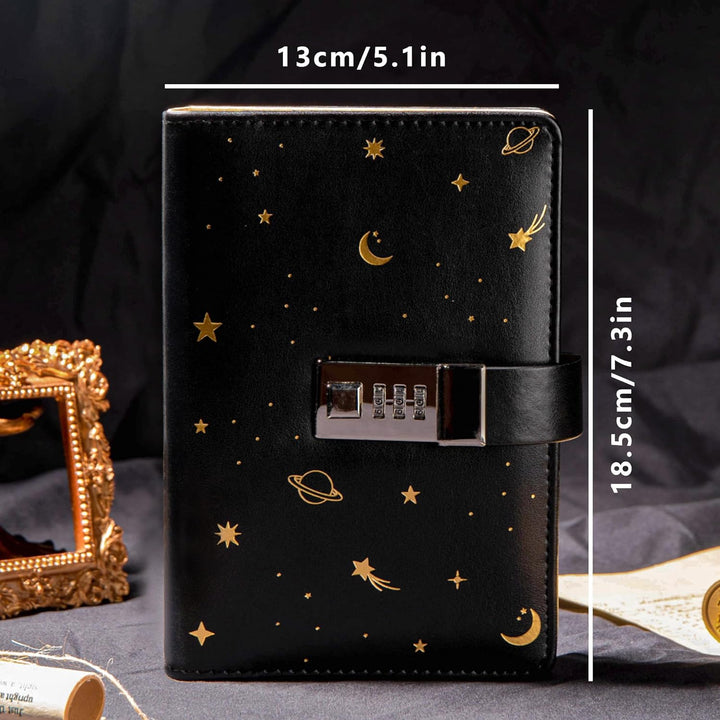 Starry Leder-Tagebuch mit Schloss, nachfüllbarer Papierbindung, Passwort-Tagebuch, geheimes A6 Schre