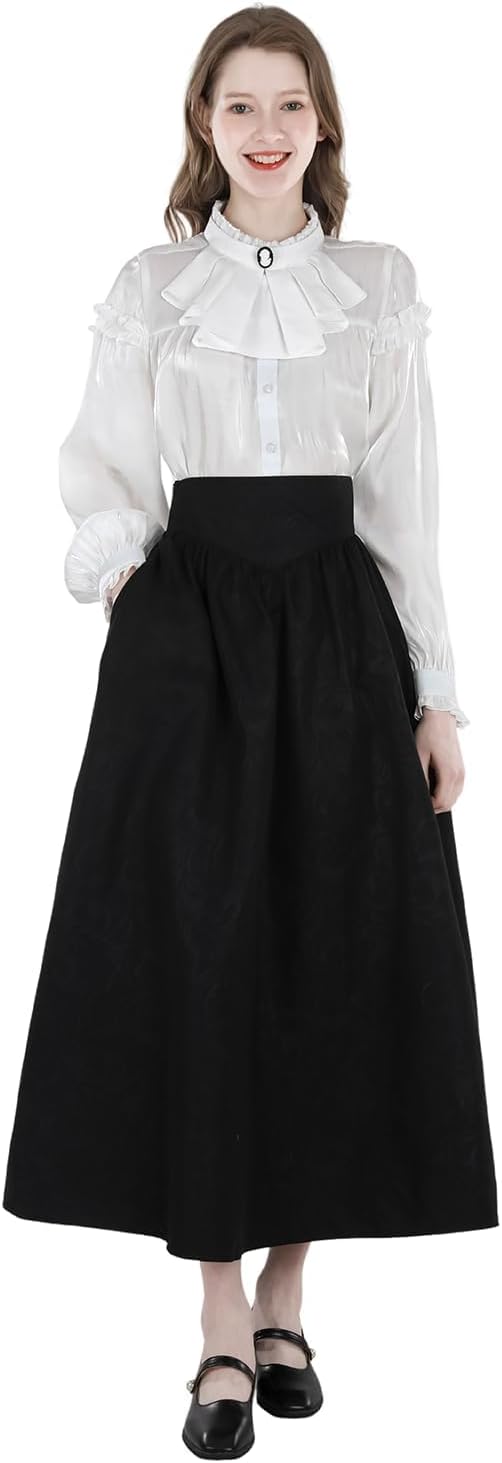 Damen Viktorianisch Bluse Vintage Schleifenhemd Stehkragen mit Ruff Langarmshirt Mittelalter Bluse L