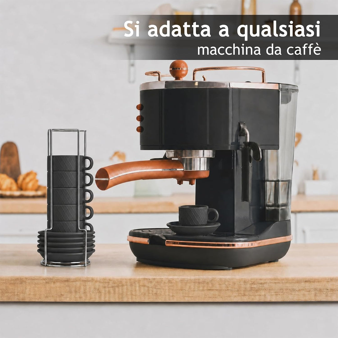 MIAMIO – 6 x 75 ml Espresso Tassen/Espressotassen Set mit Ständer Steingut Keramik - Palmanova Kolle
