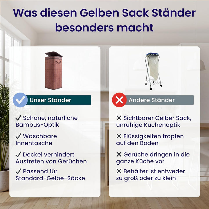 Gelber Sack Ständer I 80L, aus Bambus I Stabiler Müllsackständer mit Deckel I Extra für gelbe Säcke