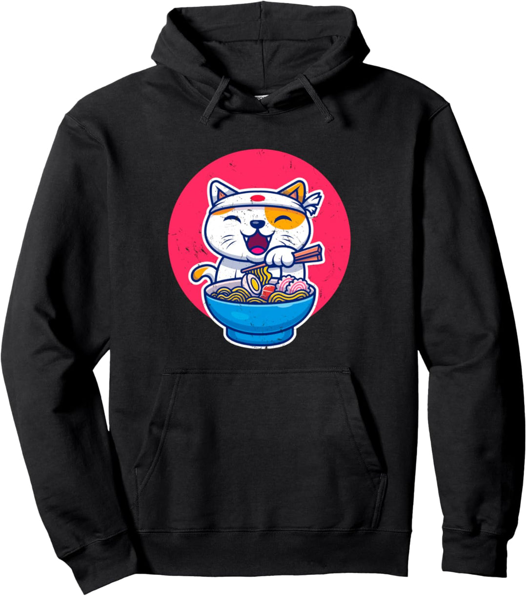 Ramen-Nudelsuppe, japanisches Samurai-Kätzchen, das beim Pullover Hoodie