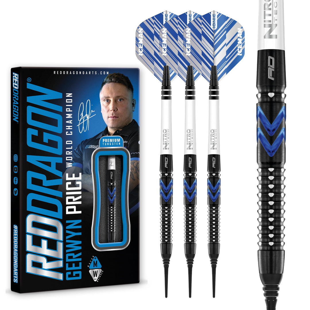 RED DRAGON Gerwyn Price Blue Ice SE - Tungsten Professional Darts Set with Flights and Nitrotech Sha