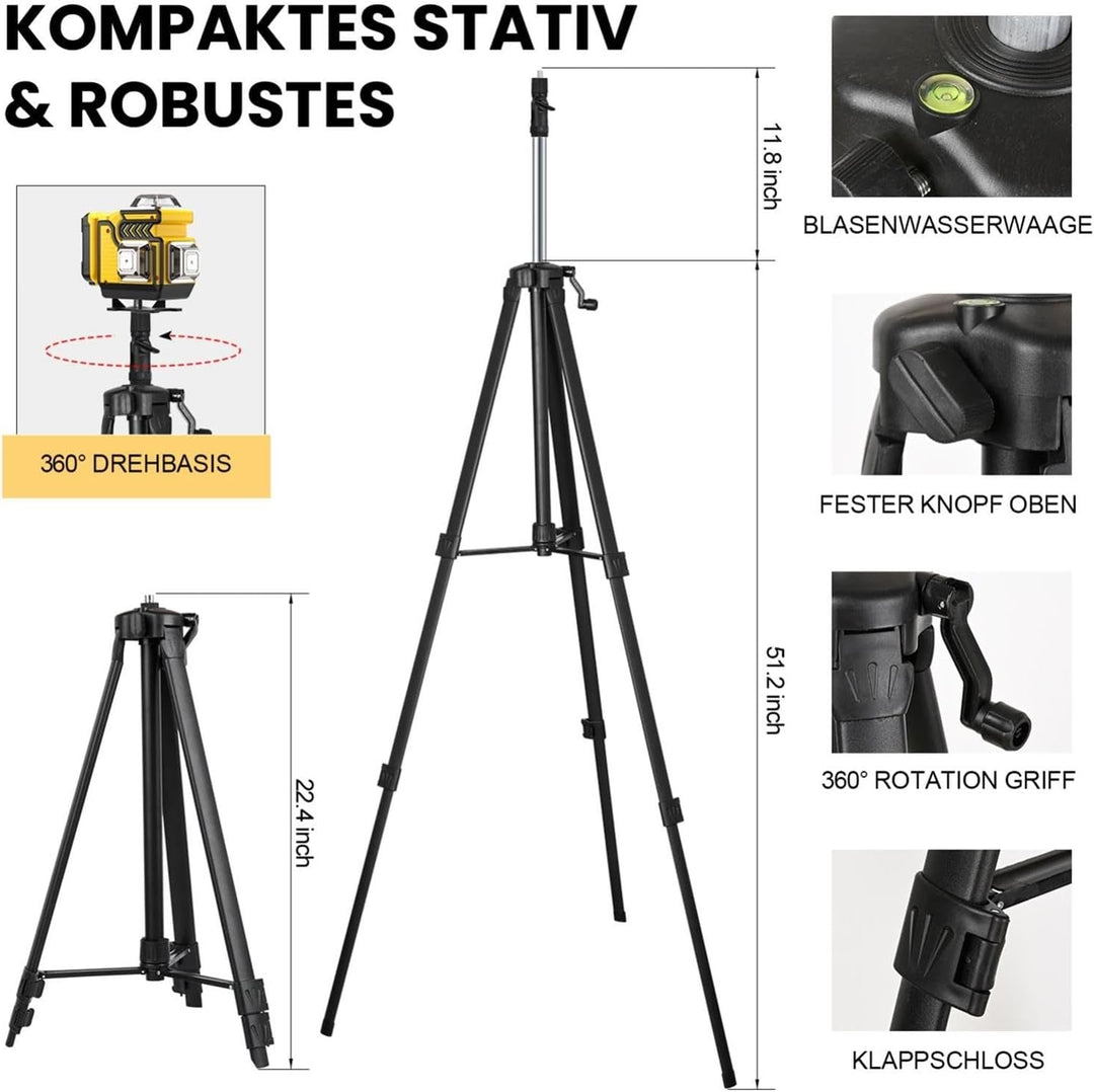 Kreuzlinienlaser mit Stativ - cjumel 4 x 360° Grün Laser Wasserwaage Selbstnivellierend, 4D 16 Linie