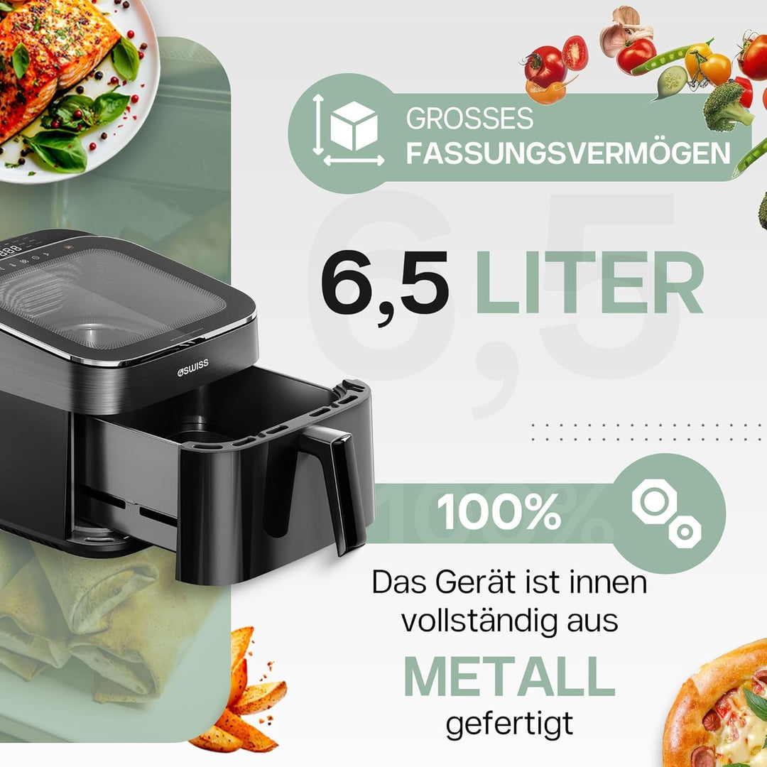 4SWISS Heissluftfritteuse mit Sichtfenster 6,5L, Airfryer XL 1700W mit 12 Programme, 180°C in 1,44 M