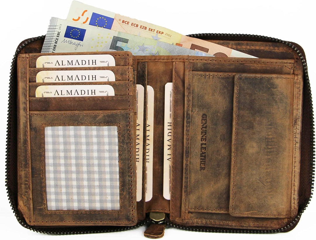 ALMADIH Leder Portemonnaie RFID Schutz Hochformat mit Reissverschluss 13 Kartenfächer Rindsleder Ges