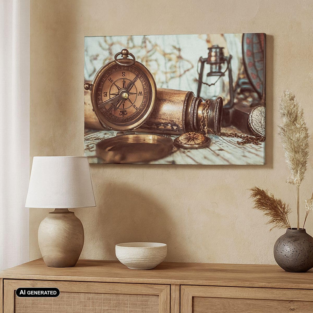 Bilder auf Leinwand 100x70cm Leinwandbild Kompass Teleskop Abenteuer antik Gross Wanddeko Bild Schla