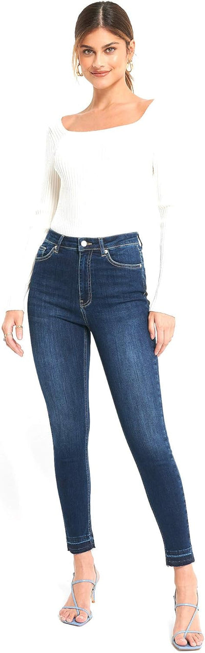 NA-KD Damen Skinny High Waist Open Hem Jeans, dunkelblau, 32 EU