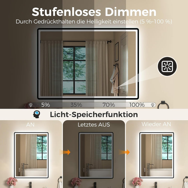STARLEAD 80x60cm Schwarz LED-Badezimmerspiegel-mit-Beleuchtung und Bluetooth, Entfoggen, Dimmbar, 3