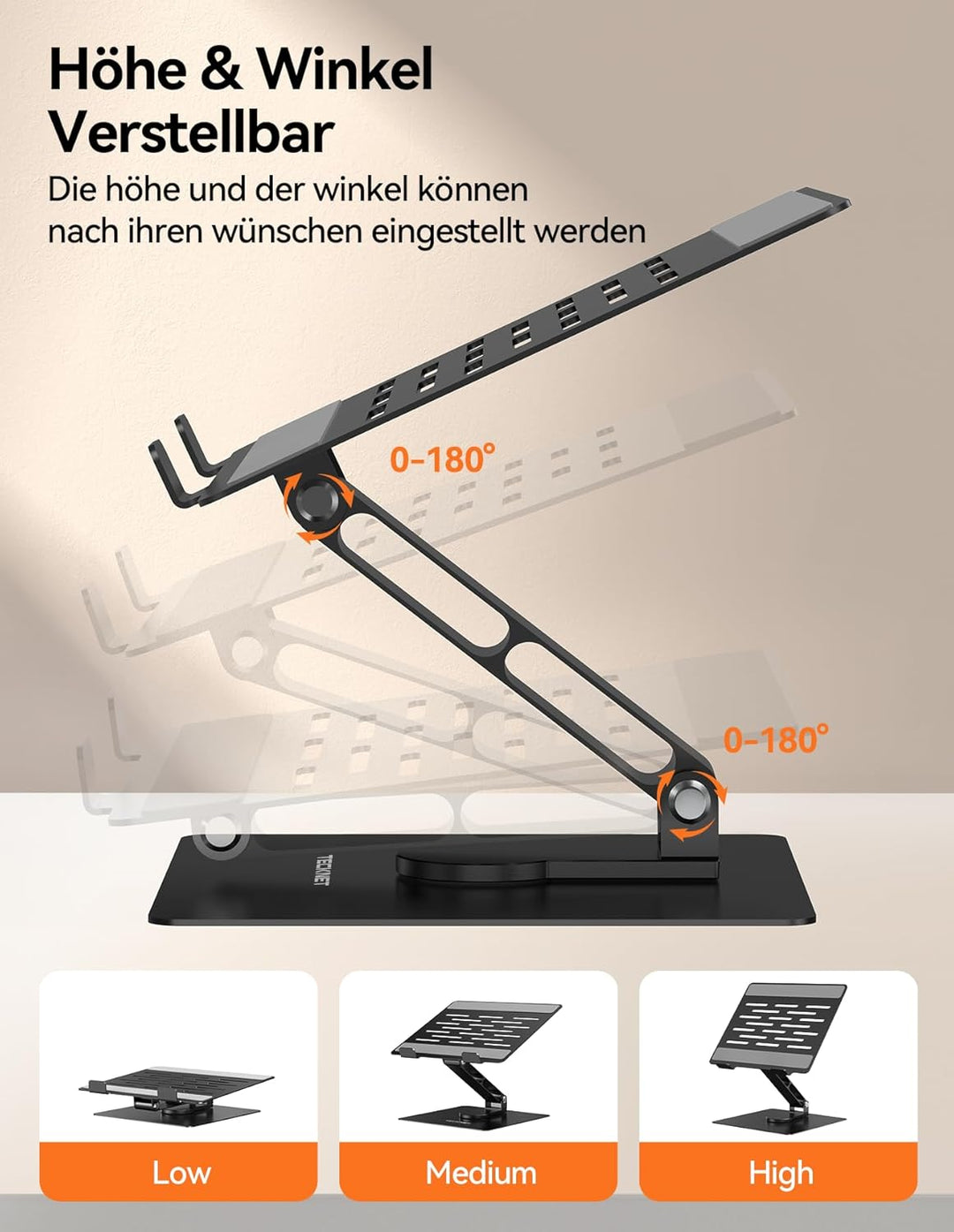 TECKNET Laptop Ständer mit 360 Drehbarer Basis, Laptopständer Höhenverstellbar, Faltbarer Laptop Sta