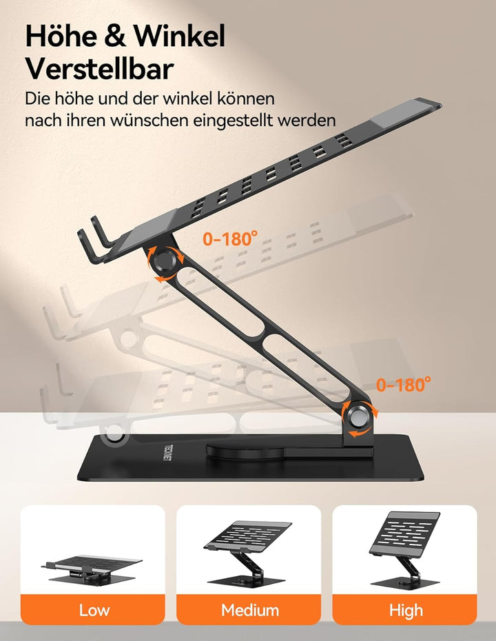 TECKNET Laptop Ständer mit 360 Drehbarer Basis, Laptopständer Höhenverstellbar, Faltbarer Laptop Sta