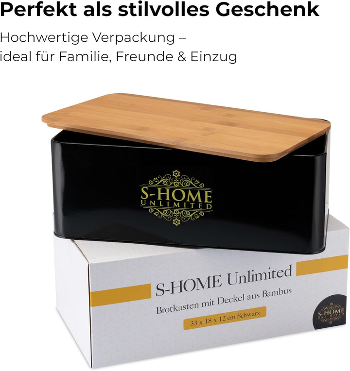Brotkasten Metall Schwarz mit Bambusdeckel | 2-in-1 Brotbox & Schneidebrett | Belüftete Brotaufbewah