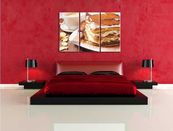 Pixxprint Leckeres Dessert mit Kaffee als Leinwandbild/Grösse: 3 Teilig (120x80) cm/Wandbild/Kunstdr