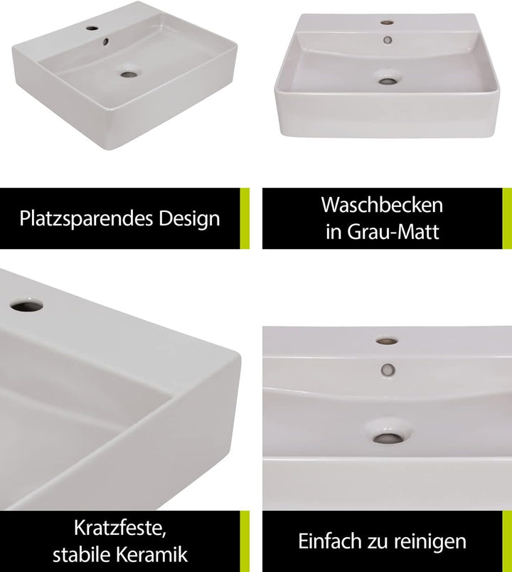 'aquaSu® Moderner Waschtisch Riga 51 cm | Eckiges Design-Waschbecken mit Überlauf und Hahnloch | Hän