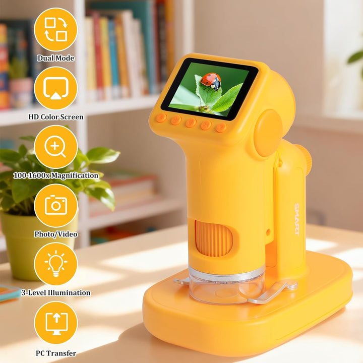 1600X Digitales Mikroskop für Kinder, 2-in-1 Kinder Mikroskop mit 2.0" HD-Bildschirm, inkl. 32GB SD-