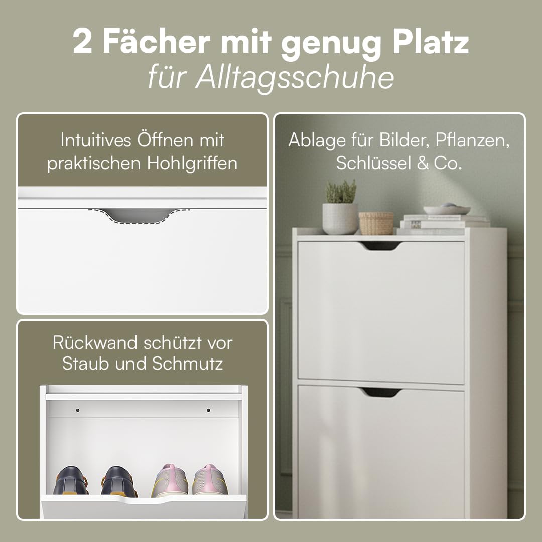 Bellamio Ceyhan Schuhschrank mit 2 Klappen – Schuhkipper weiss aus Holz – Schuhregal schmal 50x19x90