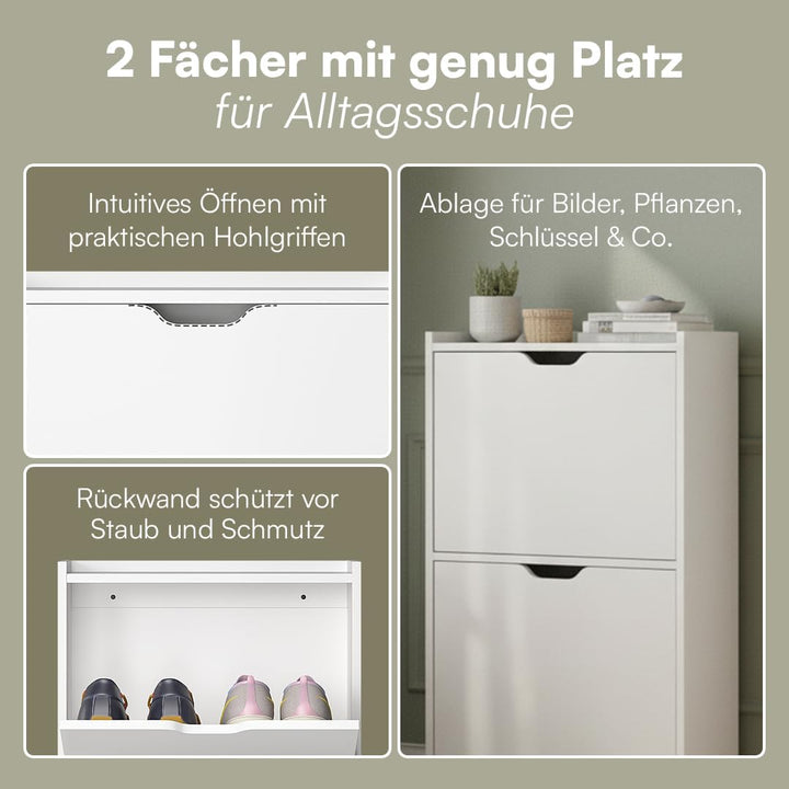 Bellamio Ceyhan Schuhschrank mit 2 Klappen – Schuhkipper weiss aus Holz – Schuhregal schmal 50x19x90