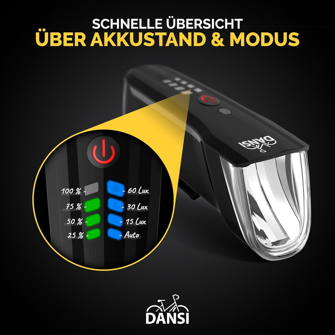 DANSI Fahrradleuchten-Set StVZO I LED-Fahrradlicht I Rad-Licht hell vorne 60/30/15 Lux, Akku-Leuchte