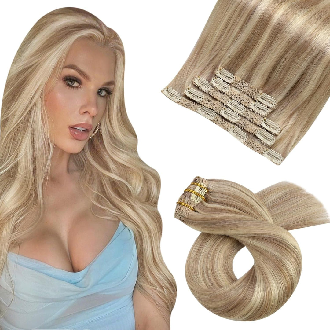 Moresoo Clip in Extensions Echthaar Blond Extensions Clip Echthaar Remy Goldblond mit Mittelblond Ha