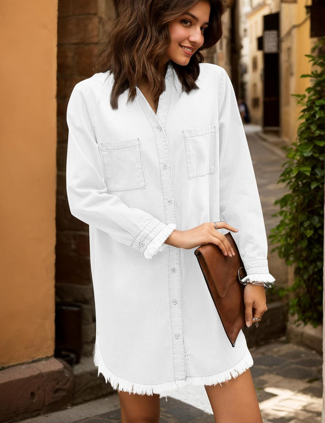 Zilcremo Damen V-Ausschnitt Blusenkleid Hemdkleid Jeanskleider Langarm Knopf Runter Shirtkleid Tunik