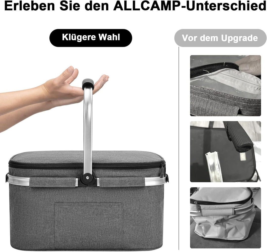 ALLCAMP 32L grosser Isolierkorb Kühltasche Picknickkorb Isoliertasche Kühlkorb Kühlbox Dunkelgrau 32