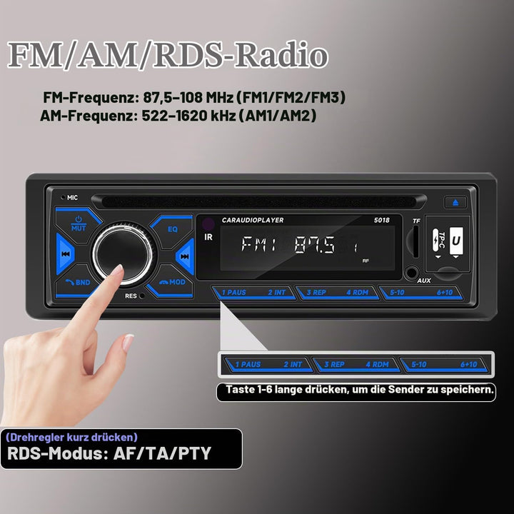 1DIN Autoradio Bluetooth mit CD/DVD Player Typ-C USB AM/FM/RDS Radio 2", 2"
