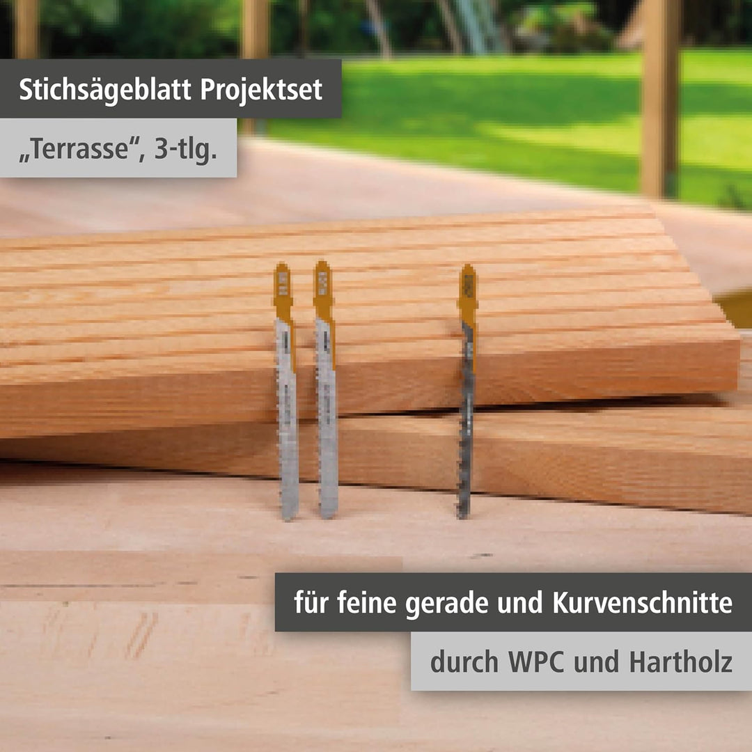 wolfcraft Stichsägeblatt Terrassenbau, 3-tlg. - Projektset für feine gerade und Kurvenschnitte durch