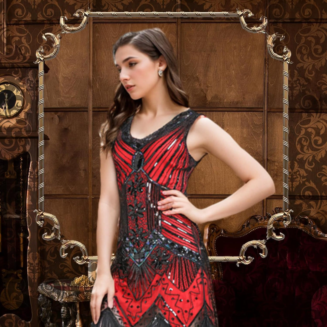 FEPITO 1920er Jahre V-Ausschnitt Pailletten Perlen Fransen Kleid mit 20er Jahren Zubehör Set Red（sty