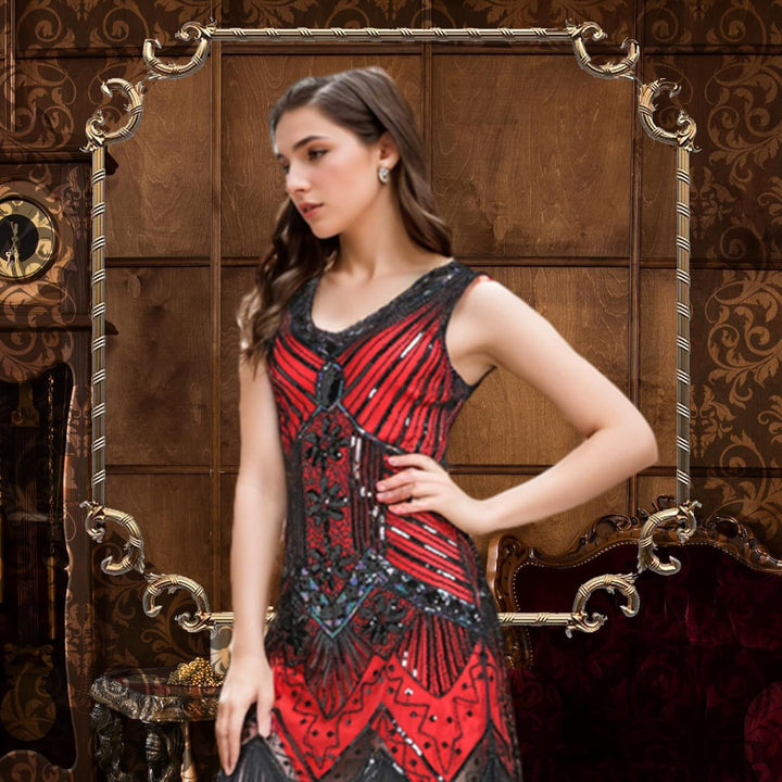 FEPITO 1920er Jahre V-Ausschnitt Pailletten Perlen Fransen Kleid mit 20er Jahren Zubehör Set Red（sty