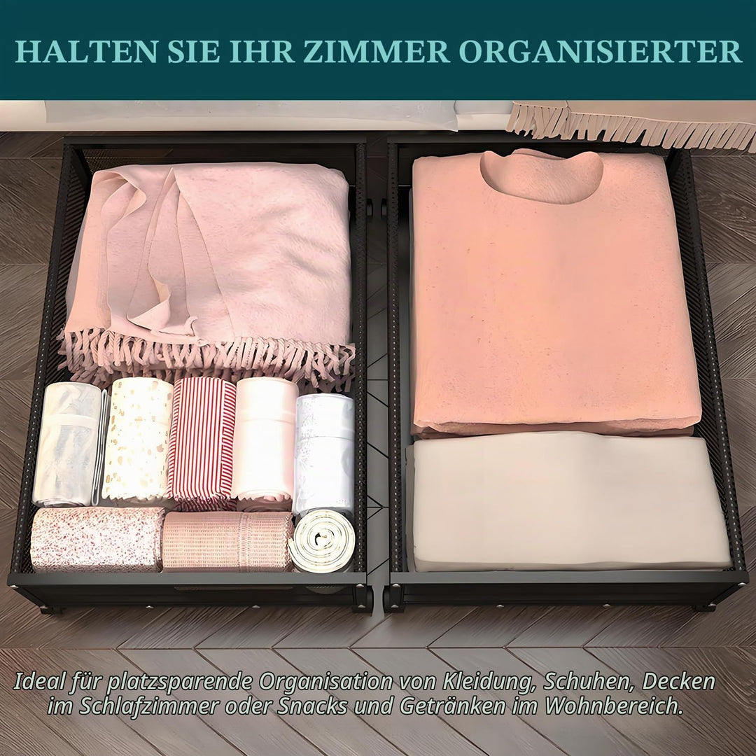 2 Stück Unterbett Aufbewahrungsbox mit Rollen und geteiltem Deckel, unterbettkommode, Bettkasten Auf