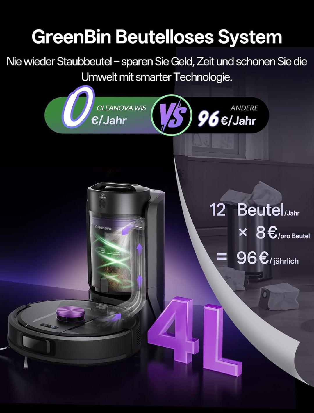 Vexilar W15 Saugroboter mit Wischfunktion und beutelloser Multi-Zyklon-Absaugstation, 10000Pa, LiDAR