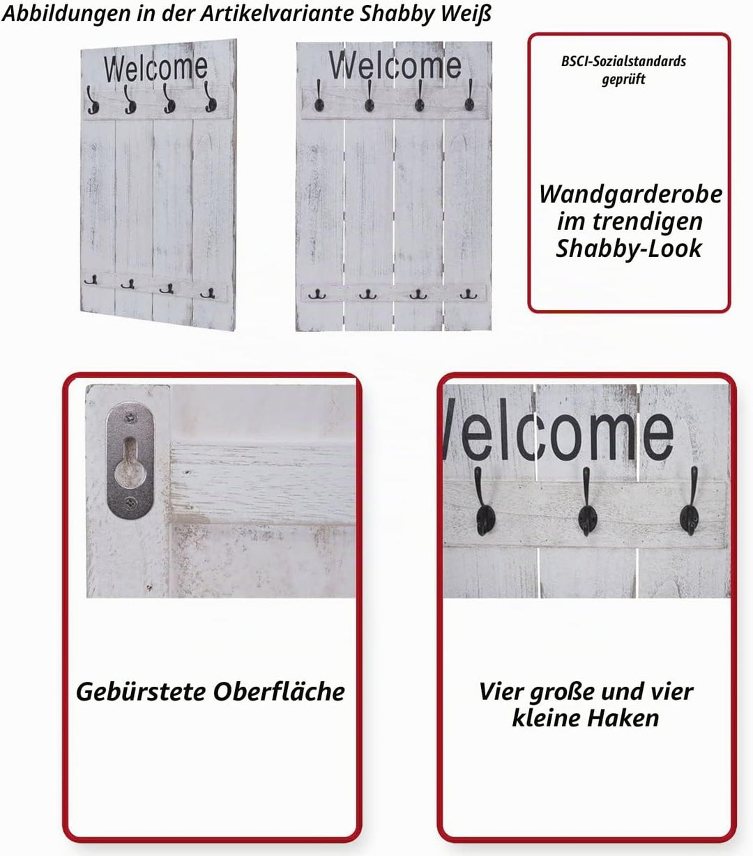 Mendler Wandgarderobe HWC-C89 Welcome, Garderobe Garderobenpaneel, Shabby-Look Vintage, 91x60cm - br