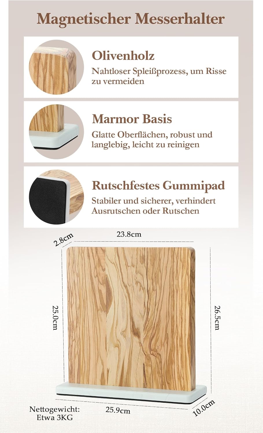 HEZHEN Magnetischer Messerblock aus Olivenholz - Doppelseitiger Magnetischer Messerhalter -Küchenmes