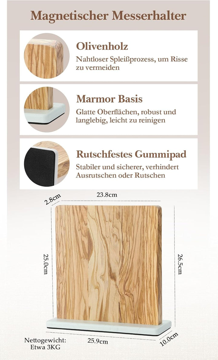 HEZHEN Magnetischer Messerblock aus Olivenholz - Doppelseitiger Magnetischer Messerhalter -Küchenmes