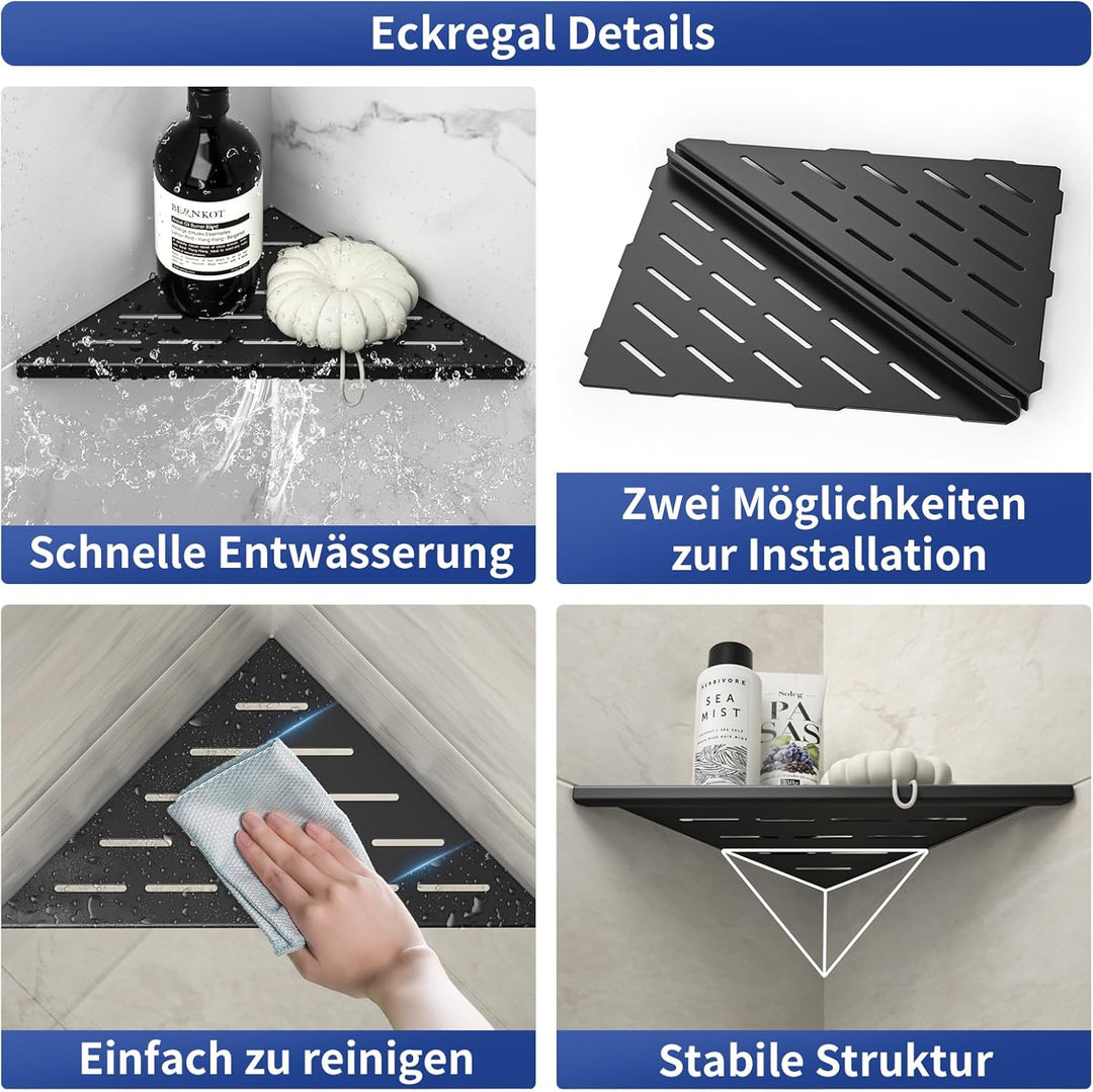 Bernkot Duschkabinen-Eckablage 254mm Mattschwarz, 304 Edelstahl, eingelassenes Eckregal Badezimmer-D