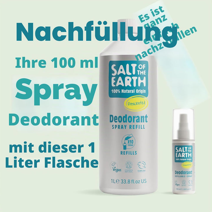Salt Of the Earth Natural Deodorant Spray Nachfüller, ohne Duft, ohne Duft, vegan, langanhaltender S