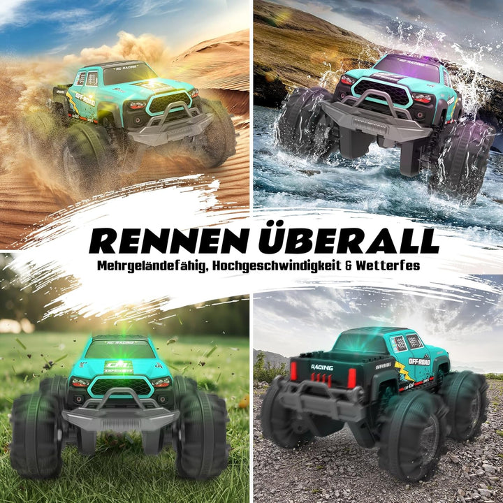 4WD Amphibisches Ferngesteuertes Auto,RC Auto wasserdicht mit Gestensensor,LED Licht & 2 Akkus,Gesch