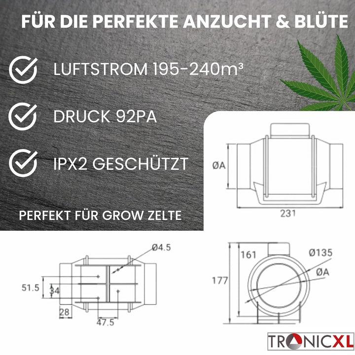 125mm Turboventilator 240m³/h Rohrventilator regelbar mit Ein Ausschalter und Kabel leise Rohrlüfter
