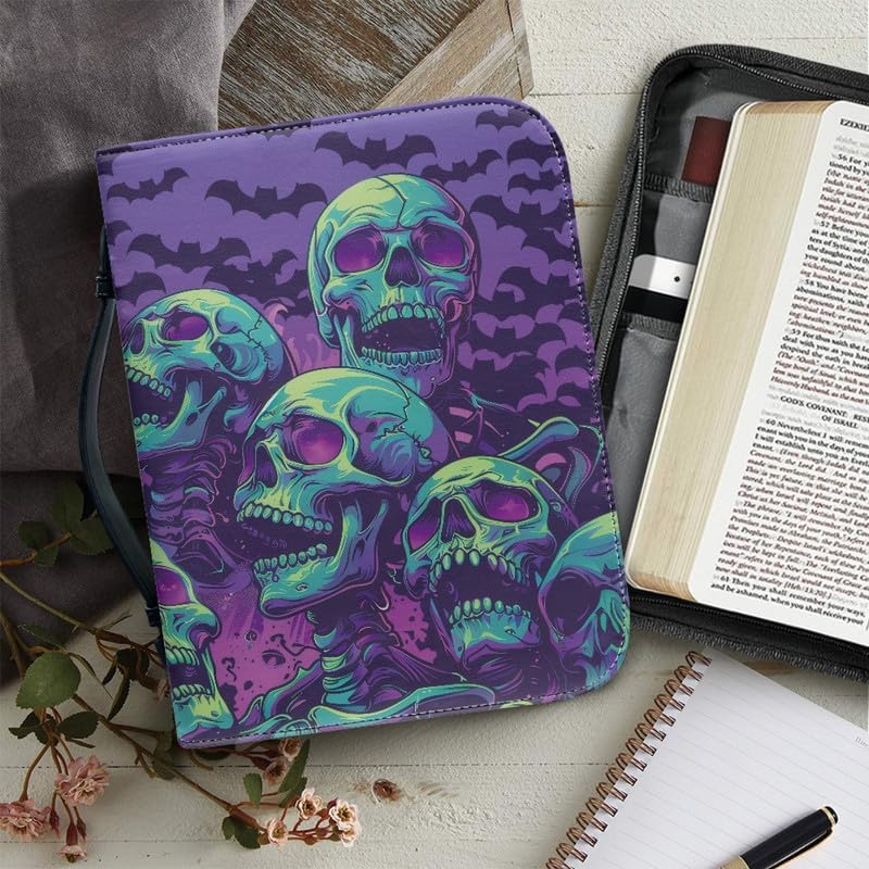 Gothic Totenköpfe Fledermäuse Buchhülle für Notizbuch, dunkelviolette Fledermäuse, Leder, Buchtasche