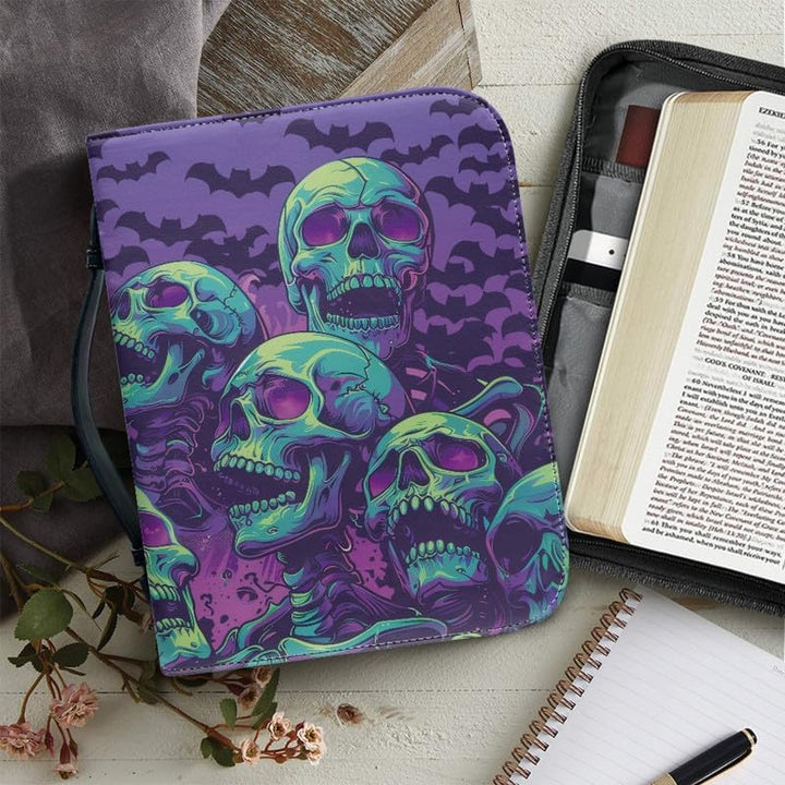 Gothic Totenköpfe Fledermäuse Buchhülle für Notizbuch, dunkelviolette Fledermäuse, Leder, Buchtasche