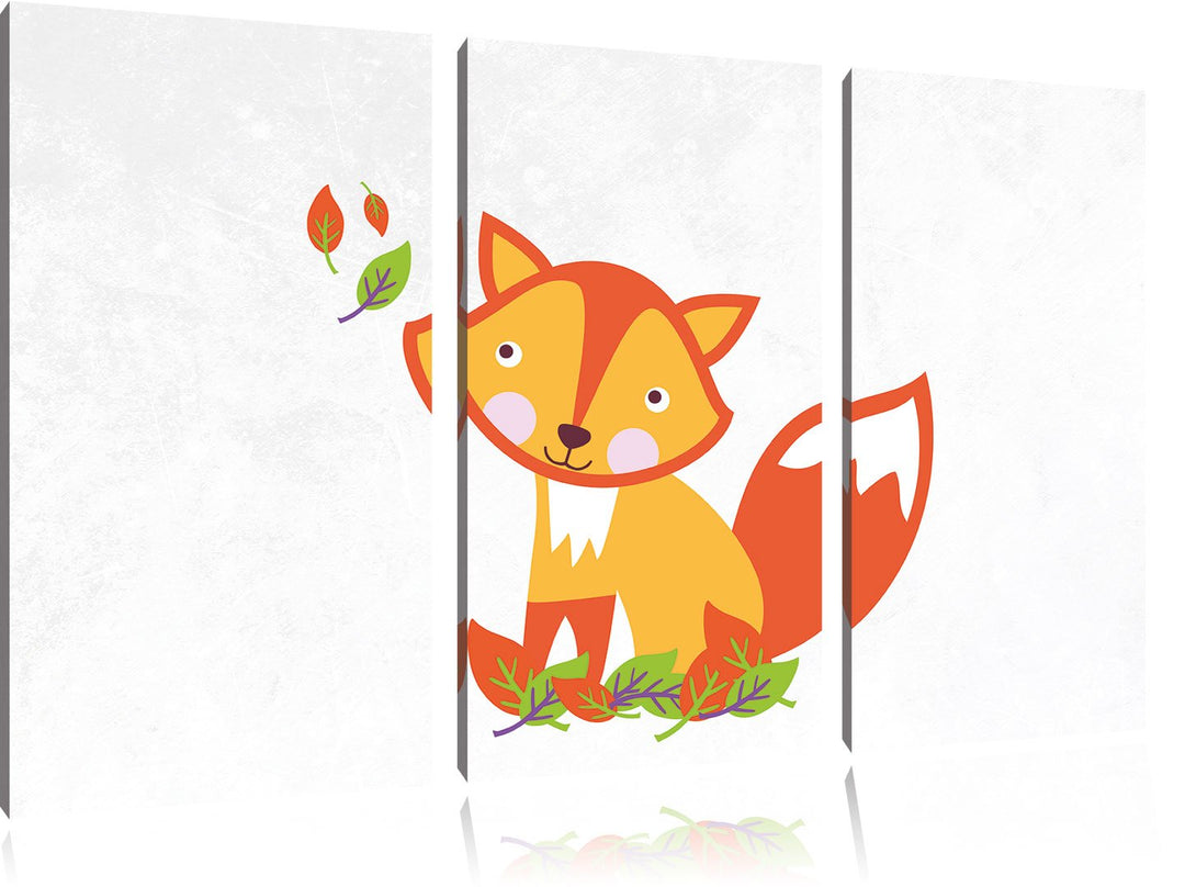Pixxprint Niedlicher Fuchs in Laub Haufen als Leinwandbild/Grösse: 3 Teilig (120x80) cm/Wandbild/Kun