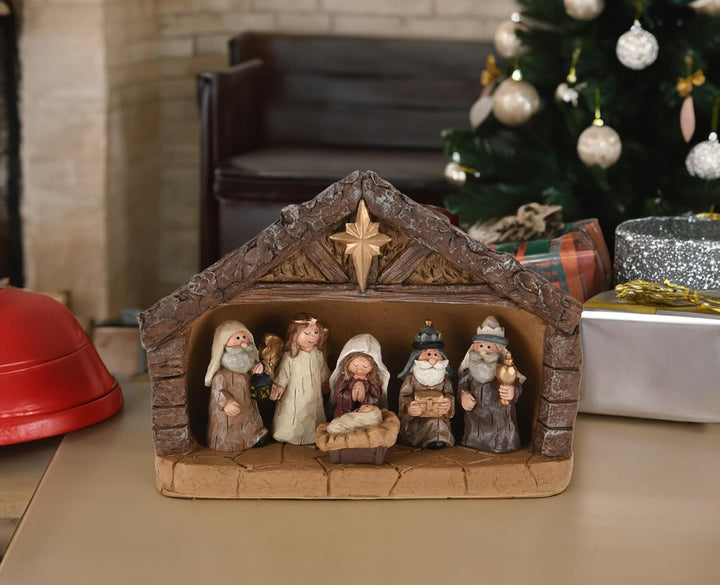 Spetebo Weihnachtskrippe aus Kunststein mit 6 bemalten Figuren - 18 cm - Krippenstall für Weihnachts