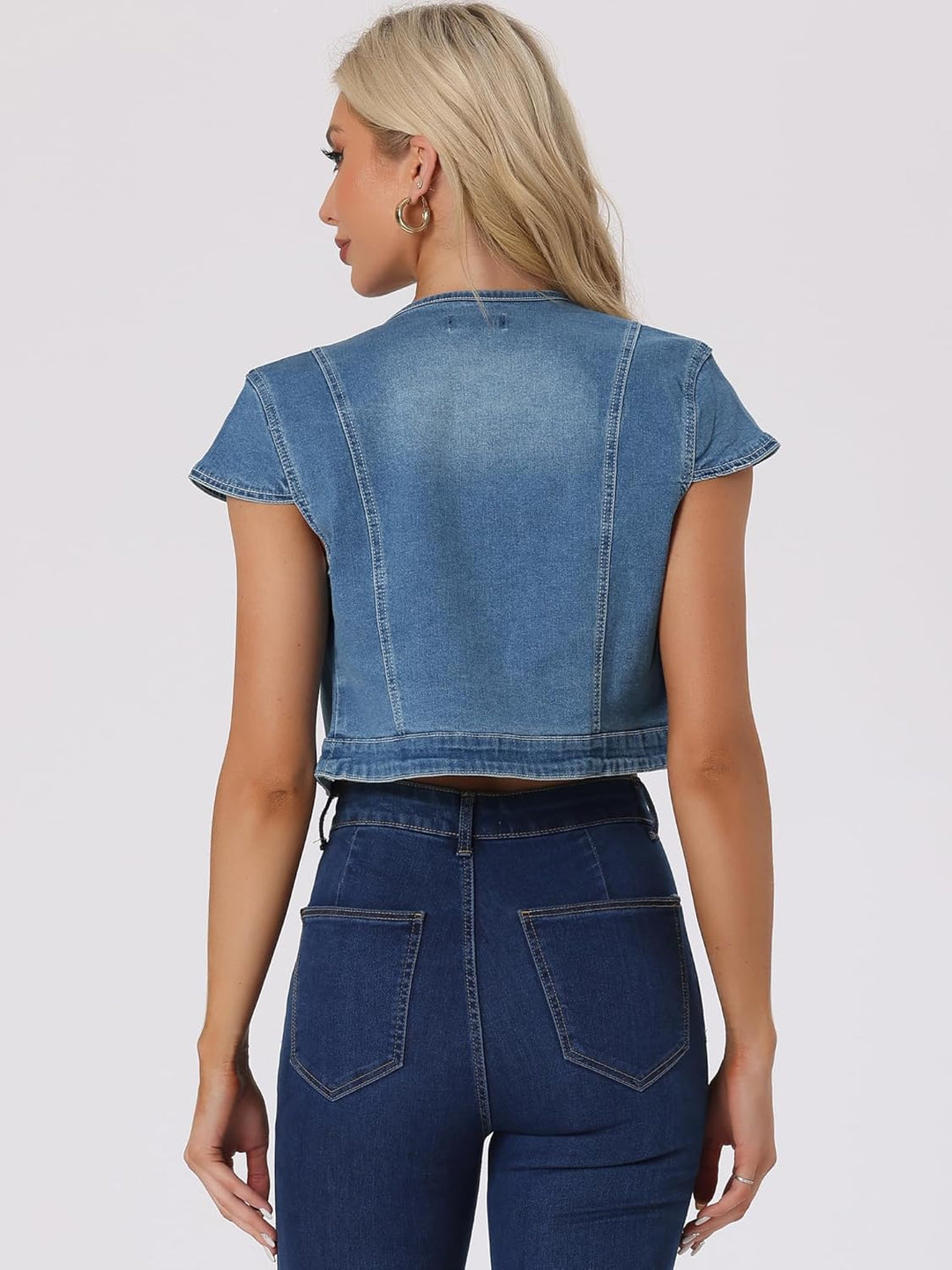 Allegra K Damen Kurz Jeansjacke Bolero Kurzarm Flügelärmeln Elegant Crop Denim Jacke S Blaue