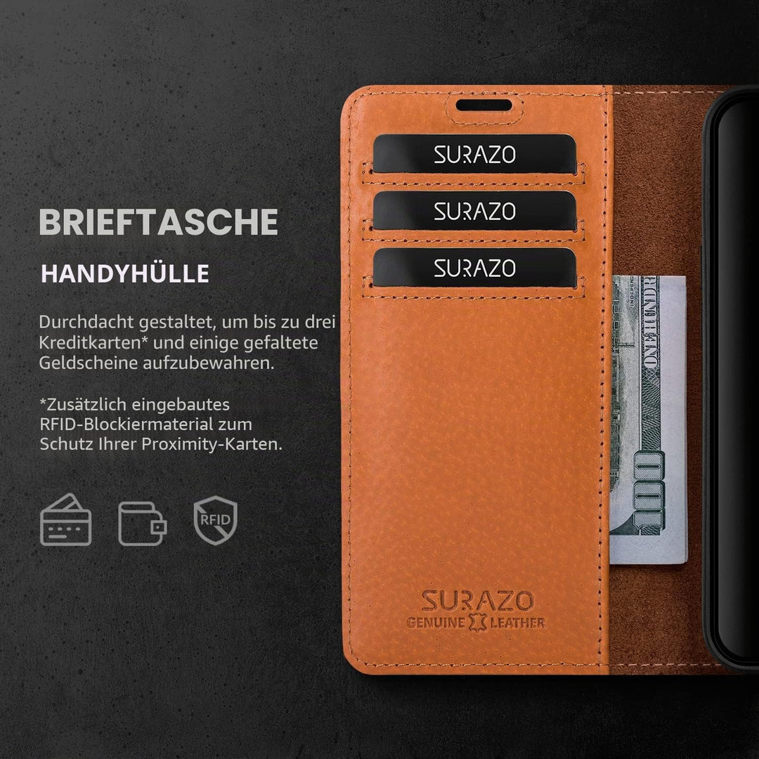 SURAZO Handyhülle für Apple iPhone 15 Pro Max Hülle Leder – Klappbar Echtleder Schutzhülle [ Magnet,