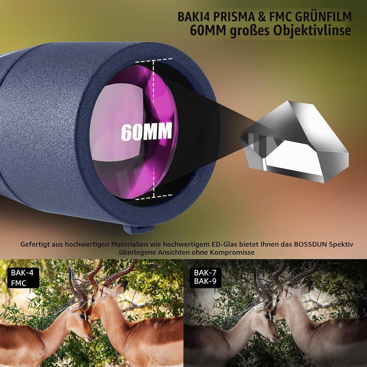 25-75X Spektive mit Stativ, Zoom Wasserdichtes BAK4 Prisma-Monokular-Teleskop für Vogelbeobachtung,