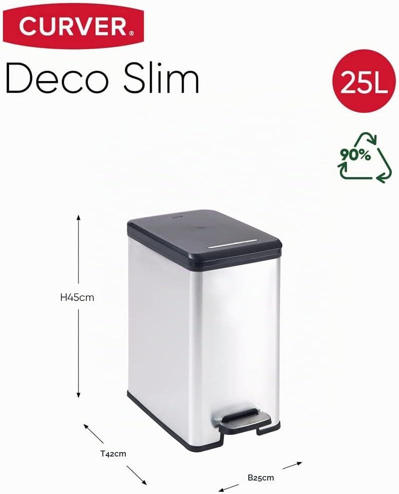 CURVER DECO Bin SLIM 25L Abfalleimer, Plastik, schwarz/silber metallic, 39 x 25 x 45 cm 39 x 25 x 45