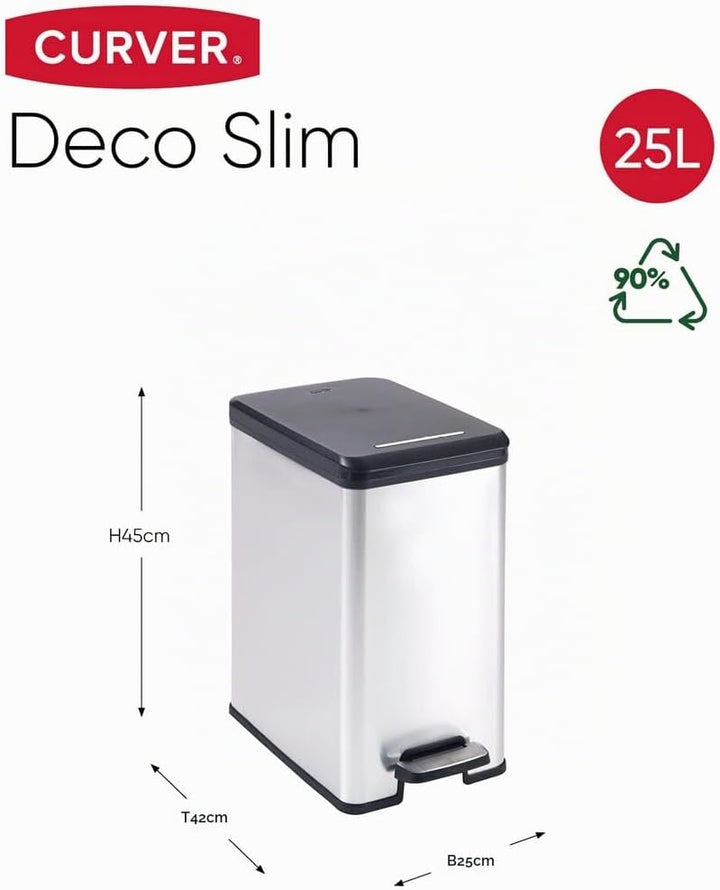 CURVER DECO Bin SLIM 25L Abfalleimer, Plastik, schwarz/silber metallic, 39 x 25 x 45 cm 39 x 25 x 45