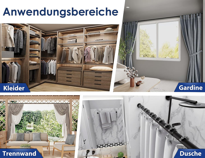 MEISENBERG Gardinenstange ohne Bohren 360-410cm, Ø32mm Matt Schwarz Multifunktionale Vorhangstange z