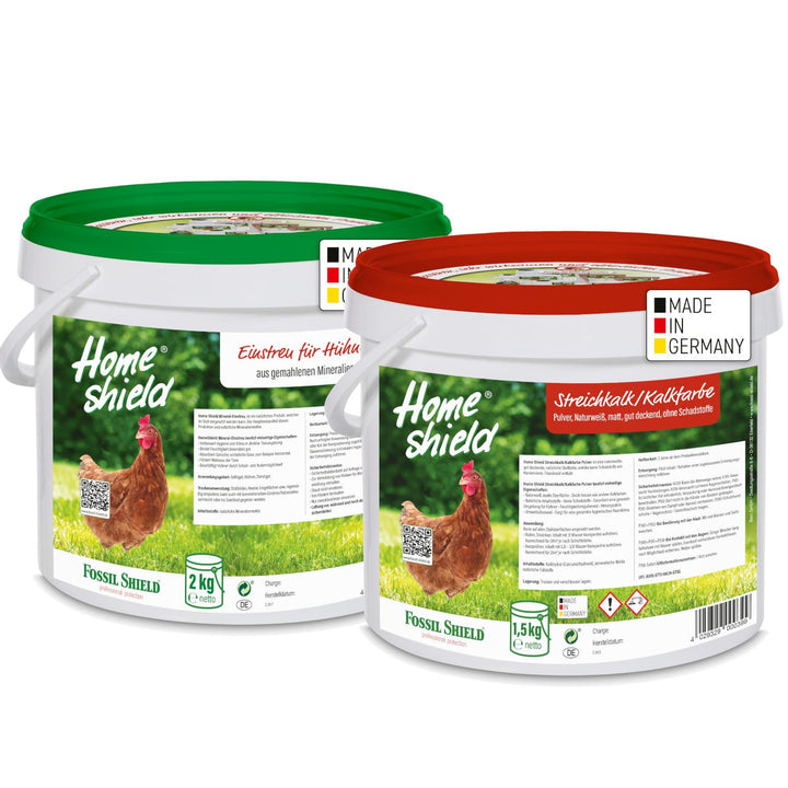 Bundle - 2 kg Eimer Einstreu für Hühner &amp; 1,5 kg Eimer Kalkfarbe weiss - Gemahlene Mineralien zur Ve