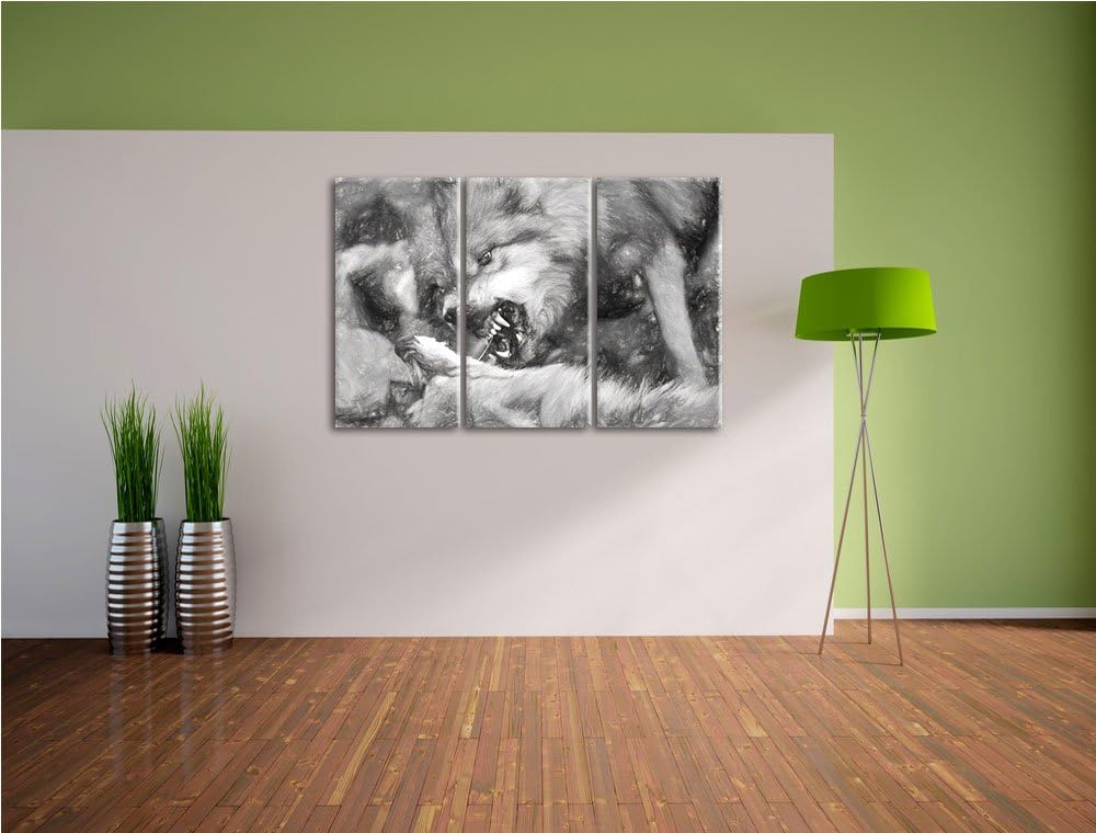 kämpfende Wölfe Spezial 3-Teiler Leinwandbild 120x80 Bild auf Leinwand, XXL riesige Bilder fertig ge